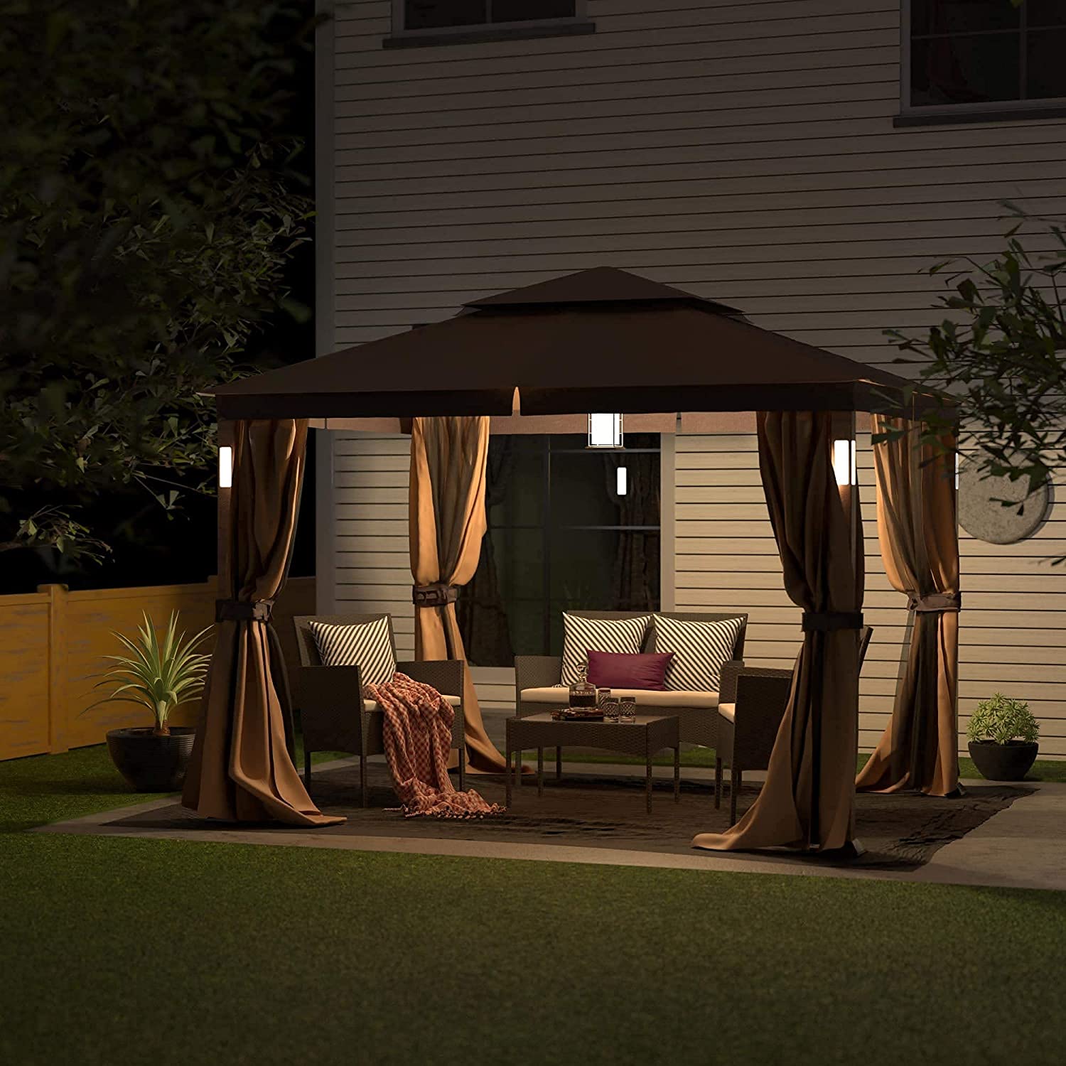 10X10ft Luxury Gazebo Tent House for Terrace | Garden with All 4 Sides Retractable Double Curtain with Zipper Premium Beige