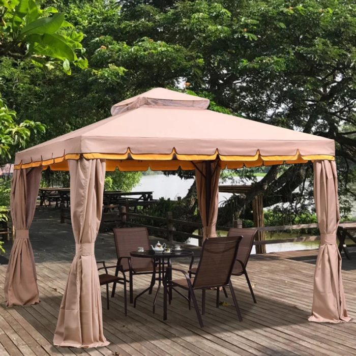 22 10X10ft Luxury Gazebo Tent House for Terrace , Garden with All 4 Sides Retractable Double Curtain with Zipper (45Kgs, Beige) - Image 1